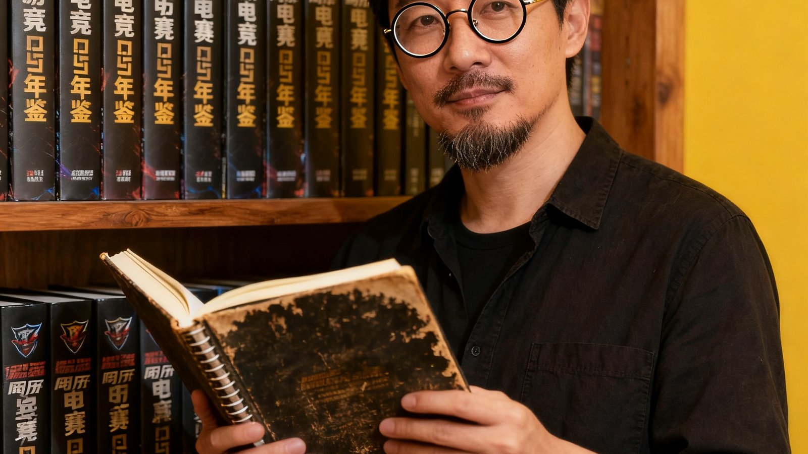 一位35岁左右的男性，戴圆框眼镜，蓄有短须，手持一本厚重的笔记本站在书架前，书架上排列着历年电竞赛事年鉴